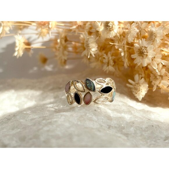 Multi Gemstone Abalone, MOP & Black Onyx 925 Sterling Vintage Ring - sz 6 - Picture 12 of 12